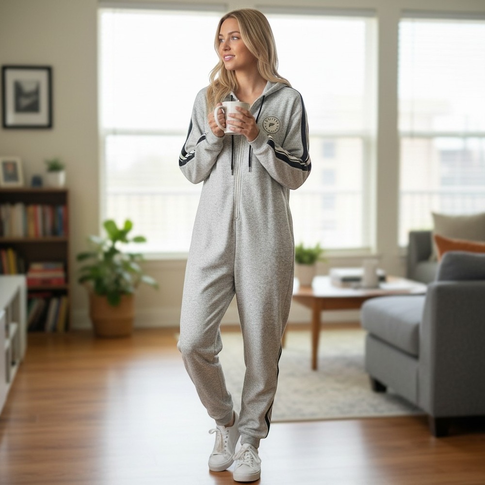 Fabletics Hooded Jumpsuit Women S Grey Sporty Stripe Fleece Loungewear Zip